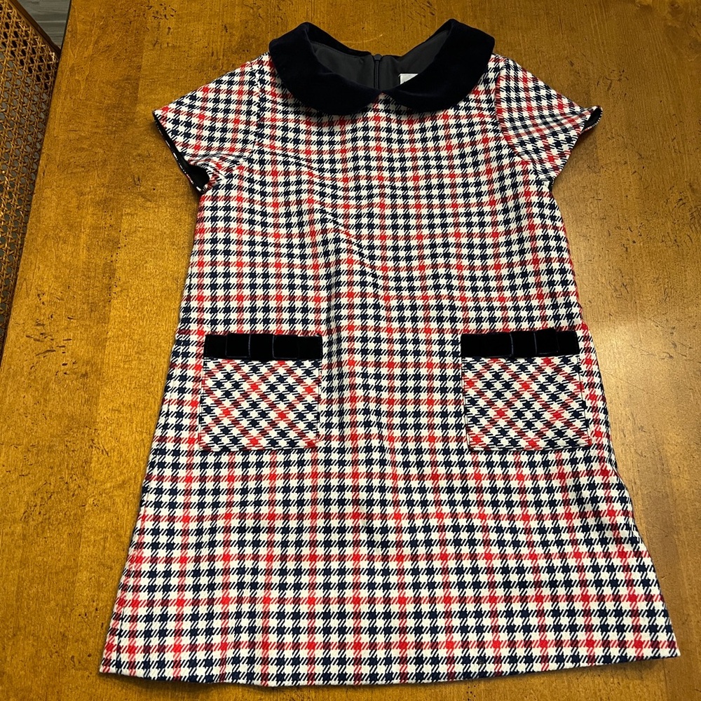 FLORENCE EISEMAN Girl's Houndstooth Collared Dress Velvet Trim 7 navy white blue - Picture 4 of 4